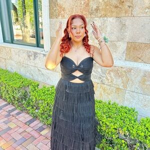 Gianni Bini Black Fringe Cutout Strapless Prom Dress